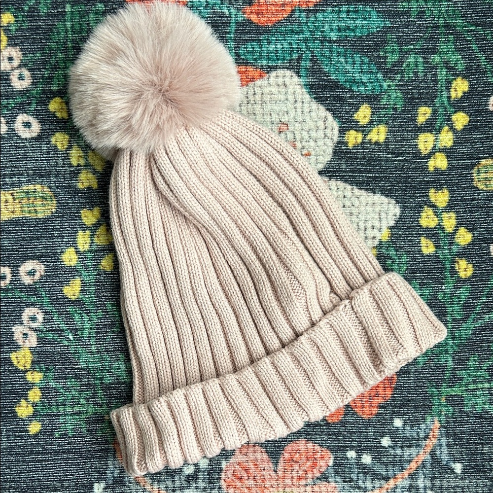 H&M Toddler Blush Pink Rib Knit Pom Pom Winter Hat, Size 3/4T